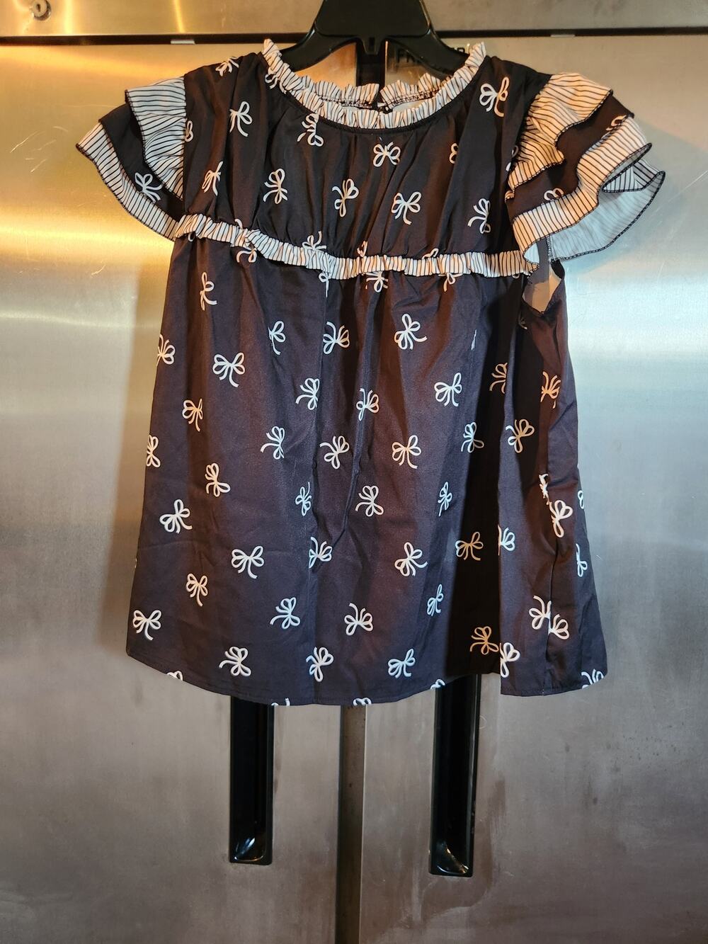 Shein Curve Navy Bow Print Ruffle Trim Babydoll Top Size 1XL